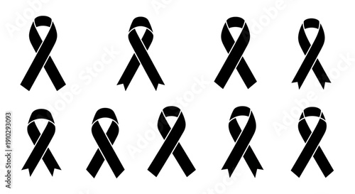 A collection of black awareness ribbons arranged in two rows on a white background, symbolizing support for various health conditions and social causes.