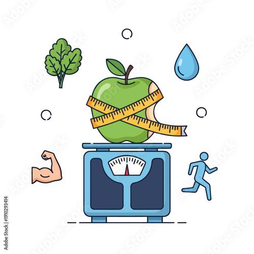 Green apple on scale with health and fitness icons