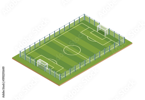 Isometric football field with fence and two goals. Marked green soccer pitch in clean geometric style. Illustration. Object isolated on white background.