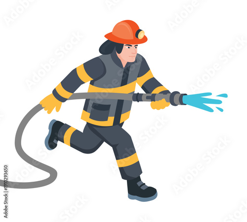 Isometric firefighter using a fire hose nozzle. Illustration. Emergency response, fire suppression, rescue work, and safety services. Man isolated on white background.