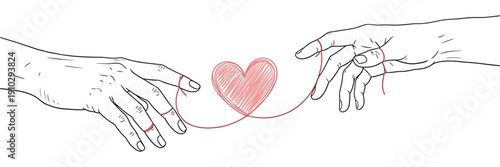 Two hands reaching for each other with a pink heart connected by a thread