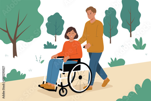 Disability Support Outline Icon  Man Assisting Woman in Wheelchair