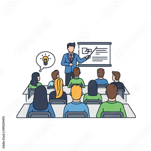 Presenter teaching audience in classroom with lightbulb idea icon