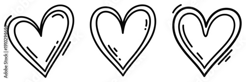 Three hand drawn hearts with black outline on for love and valentines day