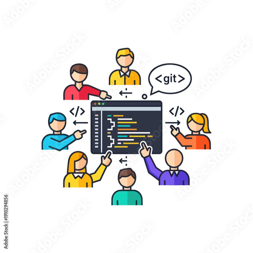 Software developers collaborating on code and Git version control