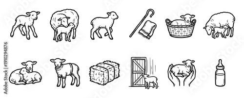 Collection of black and white lamb and sheep icons in a hand-drawn doodle style showing farm life, animal care, and pastoral scenes with a shepherd's crook and hay bale