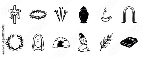 Hand-drawn black and white Christian icons set depicting Easter story symbols like the cross, crown of thorns, empty tomb, and praying Jesus in a simple doodle line art style