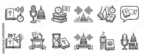 Collection of hand-drawn black and white icons representing the intersection of religion and government, featuring Bibles, capitol buildings, microphones, and marathon reading concepts