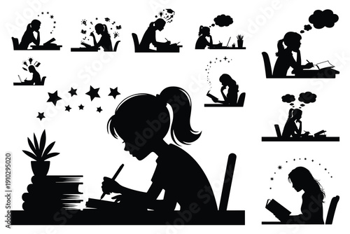 Silhouette girls studying reading and thinking at desks