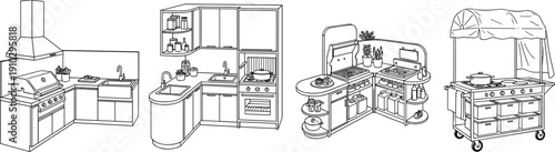 Modern kitchen interior and outdoor grill island sets including cabinets sink stove and mobile cooking cart cad drawing flat vector illustration