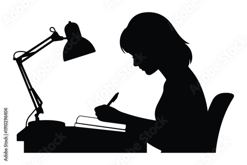 Silhouette of a person writing at a desk with a lamp