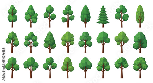 Collection of various stylized green deciduous and coniferous tree icons