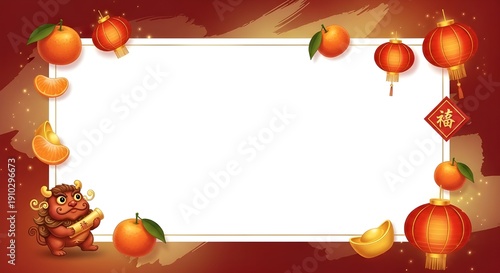 PowerPoint slides for Chinese New Year or Lunar New Year celebrations, featuring mandarin oranges, lion dances, and lanterns. 