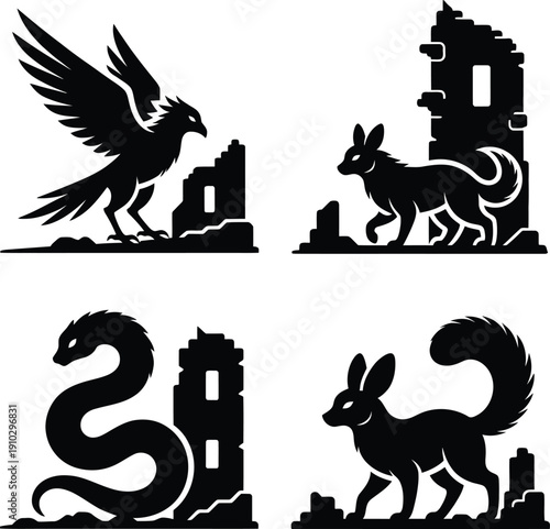 Set of black silhouette animal icons featuring an eagle fox snake and fennec fox near ruined stone tower buildings.