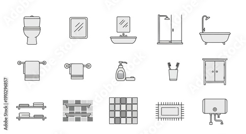 Bathroom Essentials Icon Set: Modern Sanitary Ware and Home Decor Elements