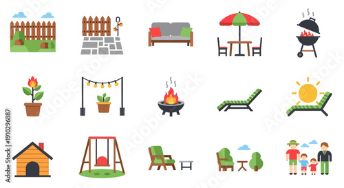 Set of flat icons for garden and outdoor leisure activities