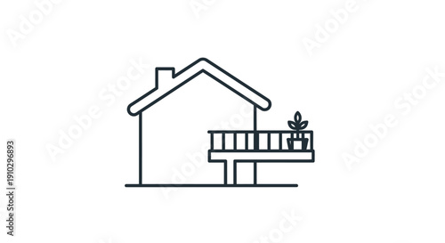 Simple line icon of a house with a balcony and a potted plant.