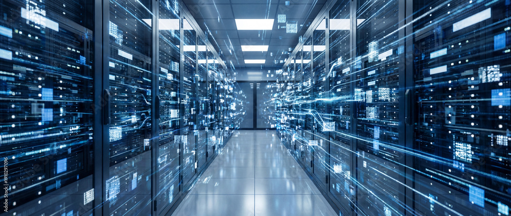 Fototapeta premium Data Center's Core: An interior shot of a cutting-edge data center, where rows of powerful servers hum, communicating to the digital world. The network's core!
