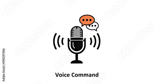 Voice command recognition with a microphone and speech bubbles icon.