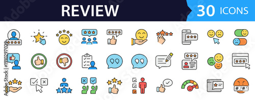 Collection of various icons representing different concepts and objects for review and analysis purposes in a digital interface