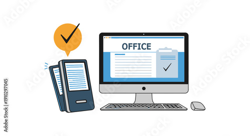 Digital office management system with documents and a computer.