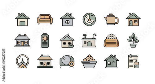 Modern flat design icons for smart home and everyday living.