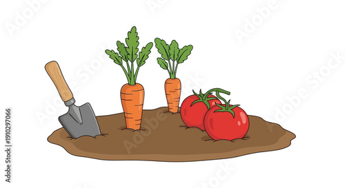 A charming illustration of fresh vegetables growing in a garden patch with a small shovel.