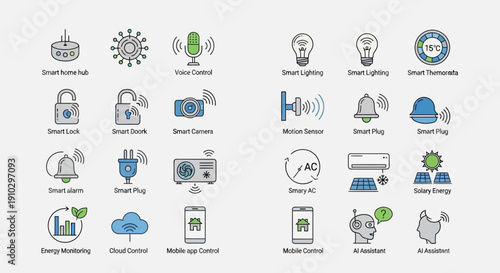 Collection of Smart Home and IoT Line Icons for Modern Technology