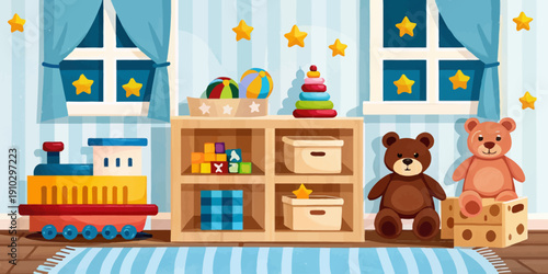 Bright and cheerful nursery room illustration with cozy furniture and playful decor, inviting vector art for childcare.