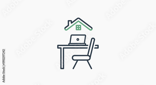 Home office desk with laptop and chair under a house icon