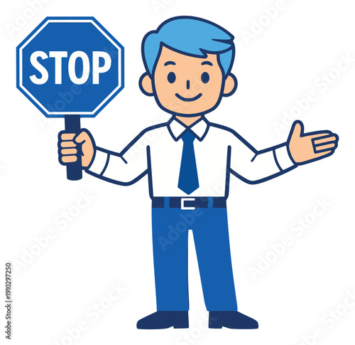 Cartoon illustration of a businessman depicting holding a stop sign and gesturing for safety and instruction