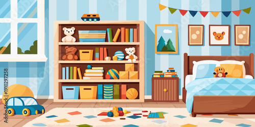 Bright toddler room vector illustration with organized storage and playful toys, fostering a fun and tidy environment.