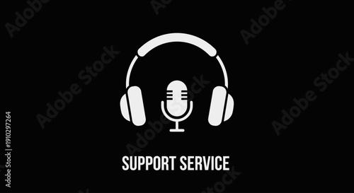 Customer support service icon with headphones and microphone on black background.