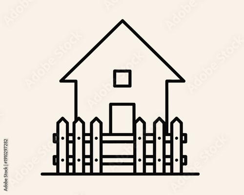 Simple line art house with picket fence illustration.