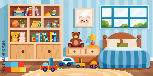A bright and tidy toddler room illustrated in vector style, showcasing organized storage solutions and engaging toys.
