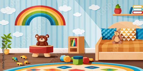 Cozy toddler bedroom interior background illustration with soft lighting and playful decor, creating a warm and inviting space.