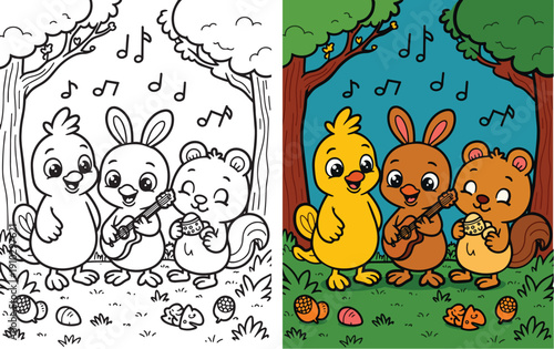 A cute chick, bunny, and squirrel singing and playing music together in a forest