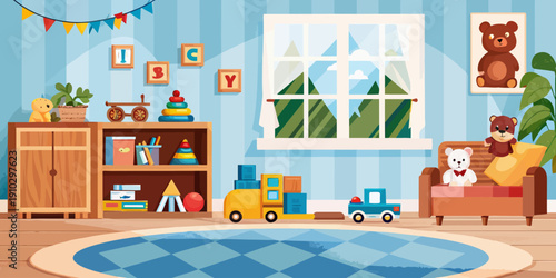 Educational playroom illustration with alphabet blocks and learning toys, a fun and interactive vector design for kids.