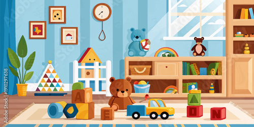 A cheerful and educational playroom illustration featuring alphabet blocks and engaging toys, perfect for early learning.