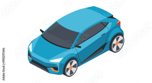 Blue Electric Car Illustration Top View.