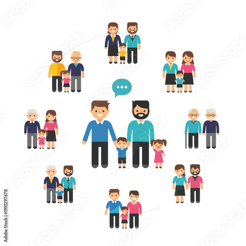 Diverse family groups and generations forming a connected network