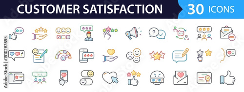 Collection of customer satisfaction icons showcasing various elements and themes in a visually organized display