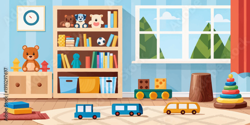 Modern kids playroom vector illustration featuring books, promoting learning and imaginative play in a bright space.