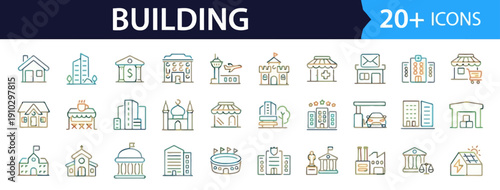 Collection of building icons in various styles and colors displayed on a clean background