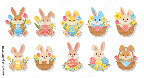 Flat design Easter bunny stickers with eggs and spring flowers on white background for holiday celebration and kids party decoration.