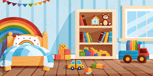 Vibrant and inviting kids room illustration designed to inspire fun and creativity with colorful toys and playful elements.