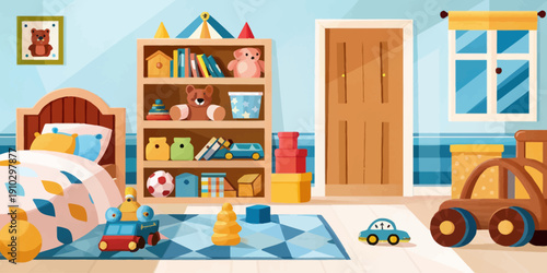 Warm family home children's bedroom background illustration, creating a cozy, safe, and playful environment for young children.