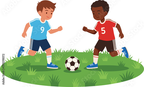 Flat Vector Illustration of Two Diverse Young Boys Playing Soccer on a Green Grass Field Wearing Red and Blue Jerseys During a Friendly Match