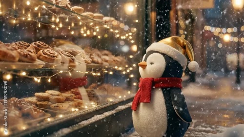 Wallpaper Mural xmas penguin. A cute penguin wearing a Santa hat and red scarf gazes longingly at a bakery display filled with delicious holiday treats, surrounded by softly falling snow and twinkling lights Torontodigital.ca