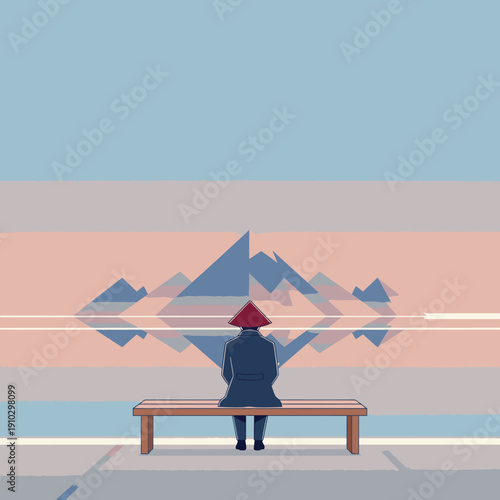 A person in a red conical hat sits on a bench, contemplating a geometrically stylized mountain range reflected in calm water, under a gradient pastel sky.